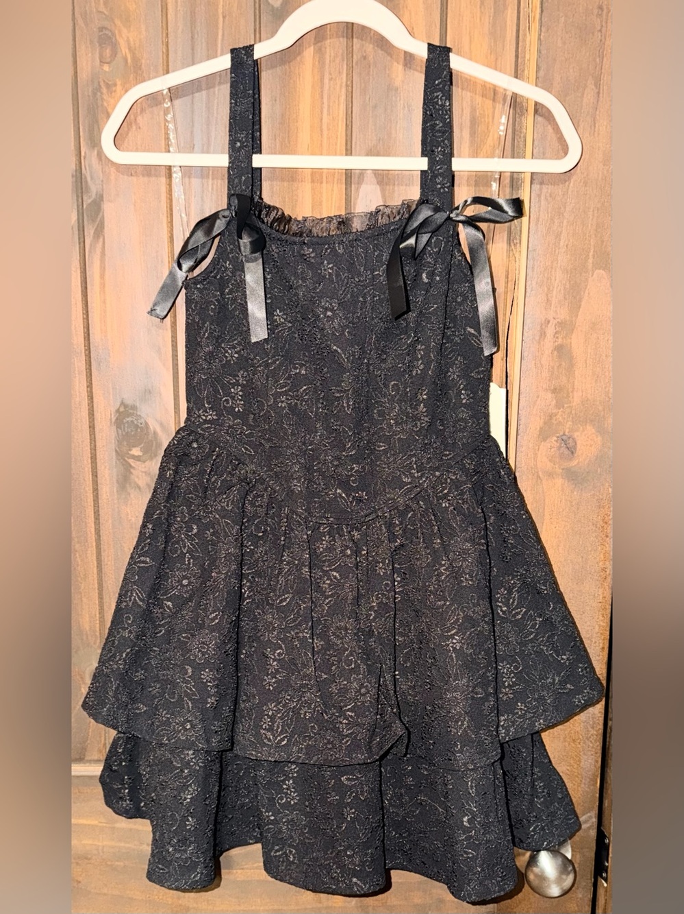 Womens Black Lace Tiered Dress with Ribbon Straps